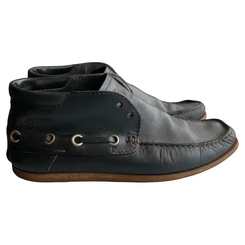 Vintage Gucci Men's Black Leather High Top Boat Shoes Moc Toe 41 Italy